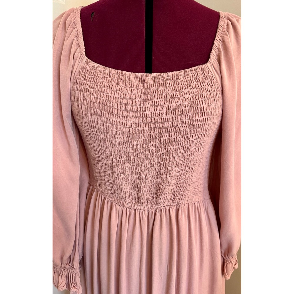 ZESICA Pink Smocked Midi Dress Long Sleeve Crochet Lace Hem Boho Cottagecore L